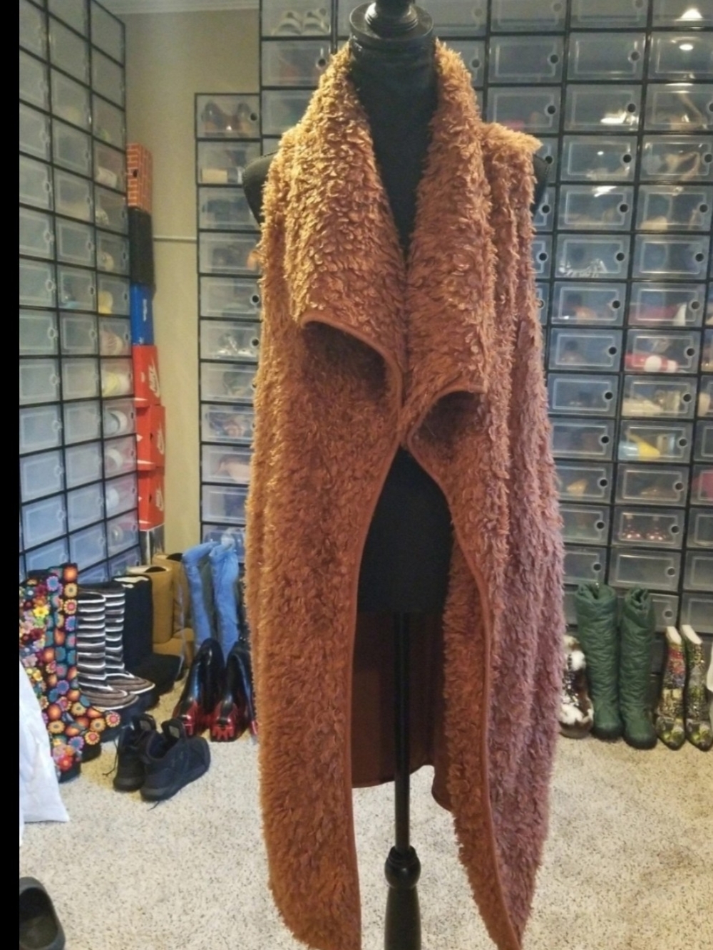 Faux-Shearling Open-Front Long Vest - Brown